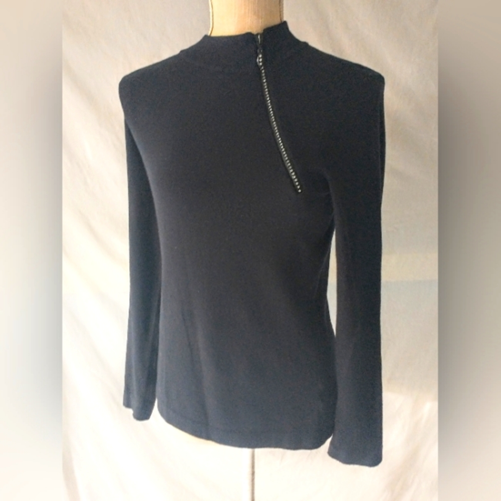 Hampshire Studios - Black Long Sleeve Sweater - Interlocking Rhinestone Zipper